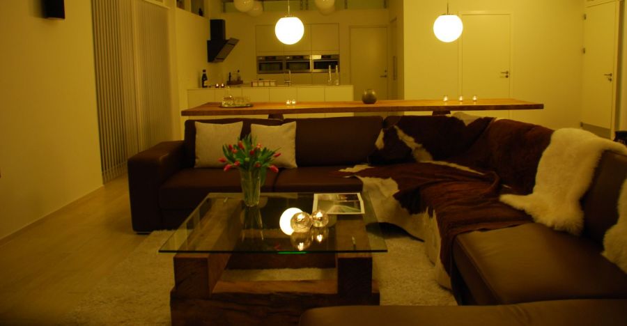 Åbent sofa og køkkenområde i luksussommerhus